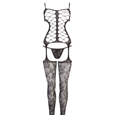 BODYSTOCKING NERO CON DECORAZIONI FLOREALI - TAGLIA UNICA